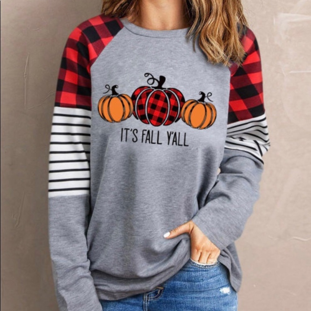 Only 2 left! Fall Pumpkin Graphic Plaid Long Sleeve Pullover! - Picture 2 of 6